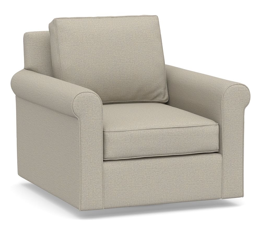 Cameron Roll Arm Upholstered Deep Seat Swivel Armchair, Polyester Wrapped Cushions, Performance Boucle Fog - Image 0