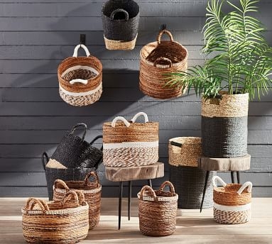 Woven Grass Handled Basket Set of 2 - Black, Round - Image 1