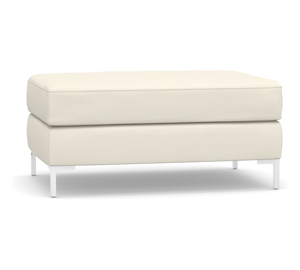 Jake Upholstered Ottoman with Brushed Nickel Legs, Polyester Wrapped Cushions, Textured Twill Ivory - Image 0