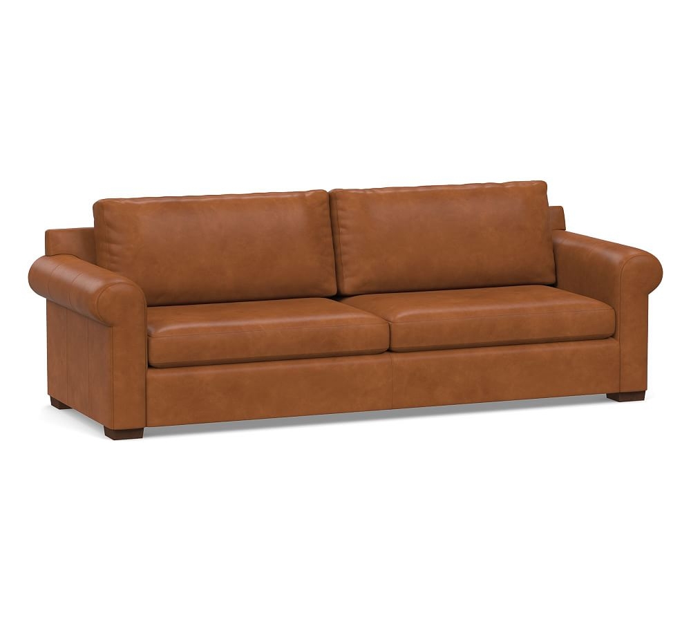 Shasta Roll Arm Leather Grand Sofa 98", Polyester Wrapped Cushions, Vintage Caramel - Image 0