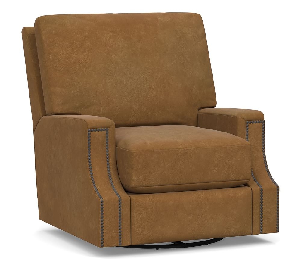 James Square Arm Leather Swivel Armchair, Down Blend Wrapped Cushions, Nubuck Camel - Image 0