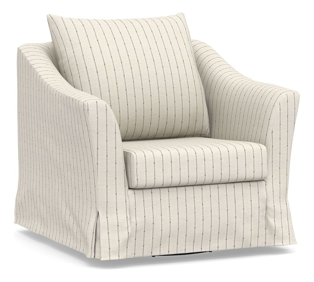 SoMa Brady Slope Arm Slipcovered Swivel Armchair, Polyester Wrapped Cushions, Slubby Pinstripe Oatmeal - Image 0