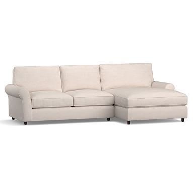 PB Comfort Roll Arm Upholstered Left Arm Loveseat with Wide Chaise Sectional, Box Edge Memory Foam Cushions, Premium Performance Basketweave Light Gray - Image 0