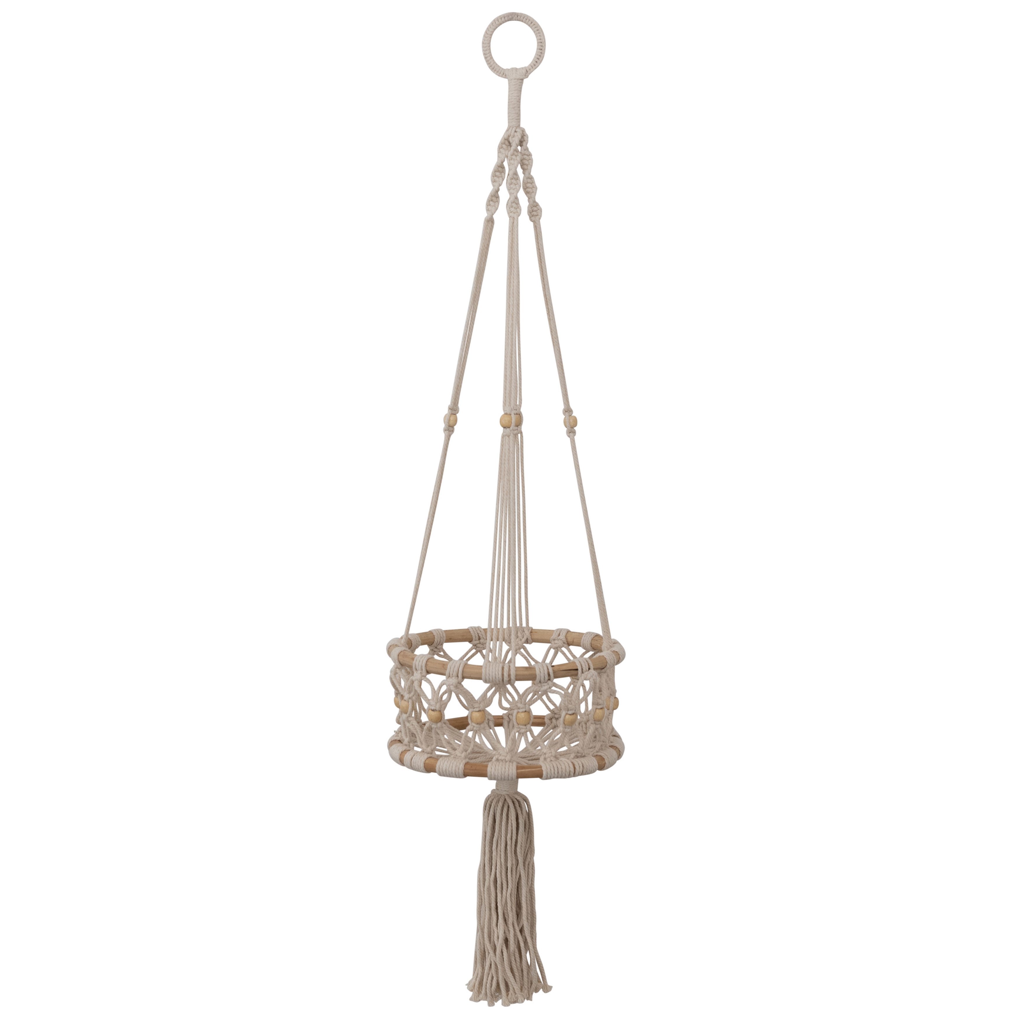  Handwoven Cotton Macramé & Rattan Plant Hanger with Wood Beads, Natural - Image 0
