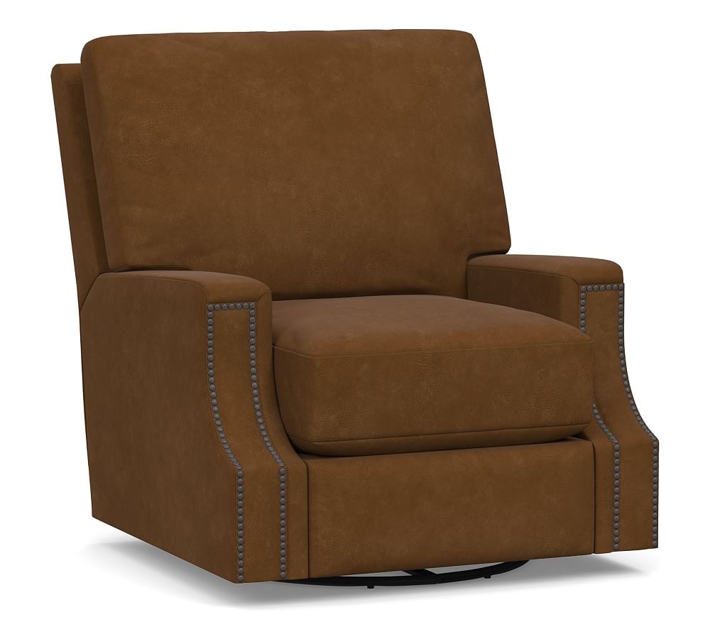 James Square Arm Leather Swivel Armchair, Down Blend Wrapped Cushions, Aviator Umber - Image 0