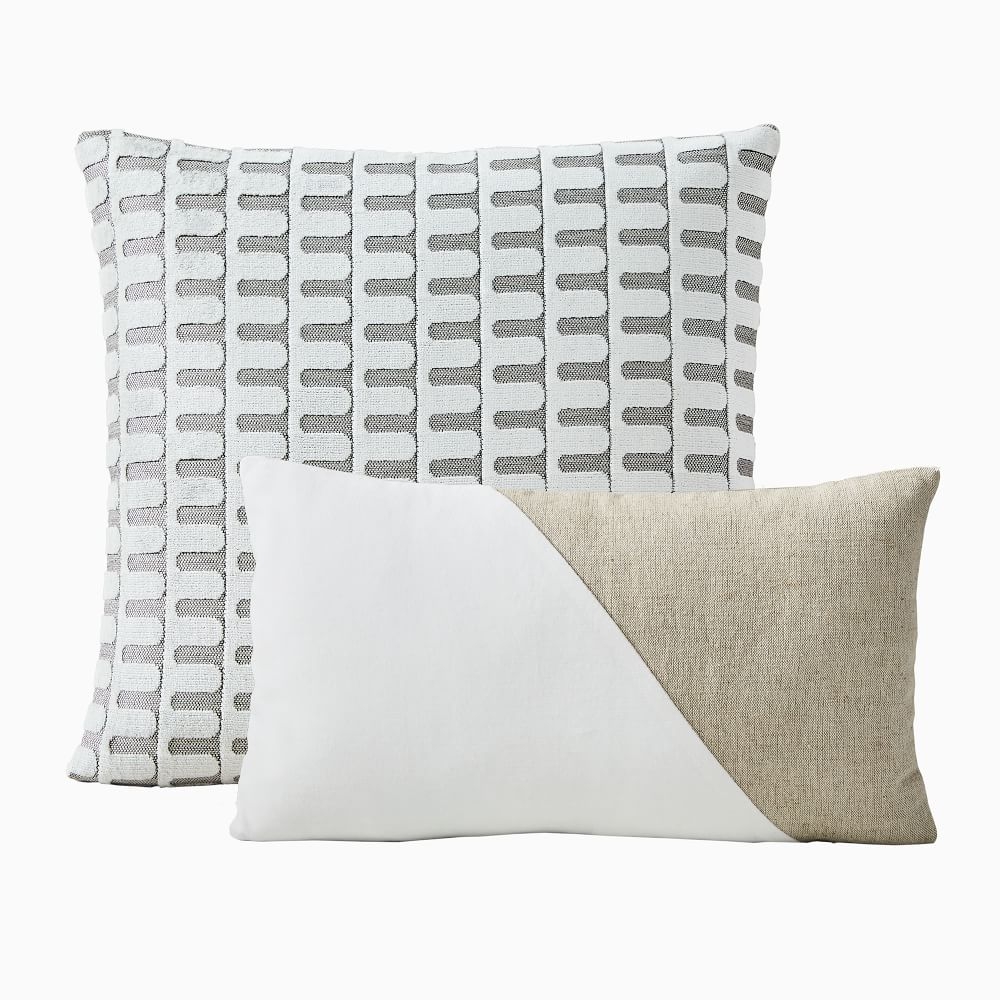 Cut Velvet Archways & Cotton Linen & Vevlet Corners Pillow Cover Set, Stone White, Set of 2 - Image 0