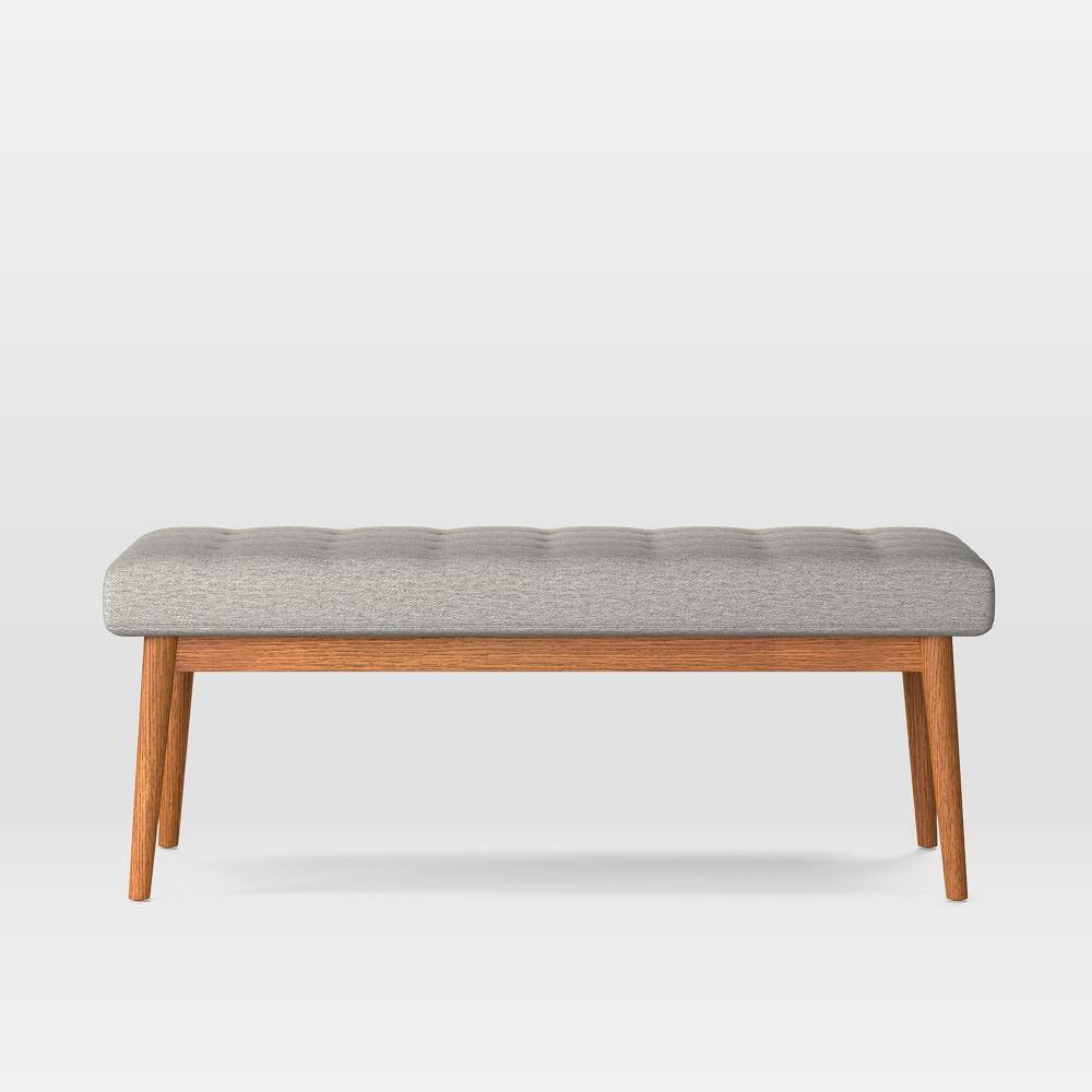 Midcentury Upholstered Bench, Poly, Twill, Silver, Acorn - Image 0