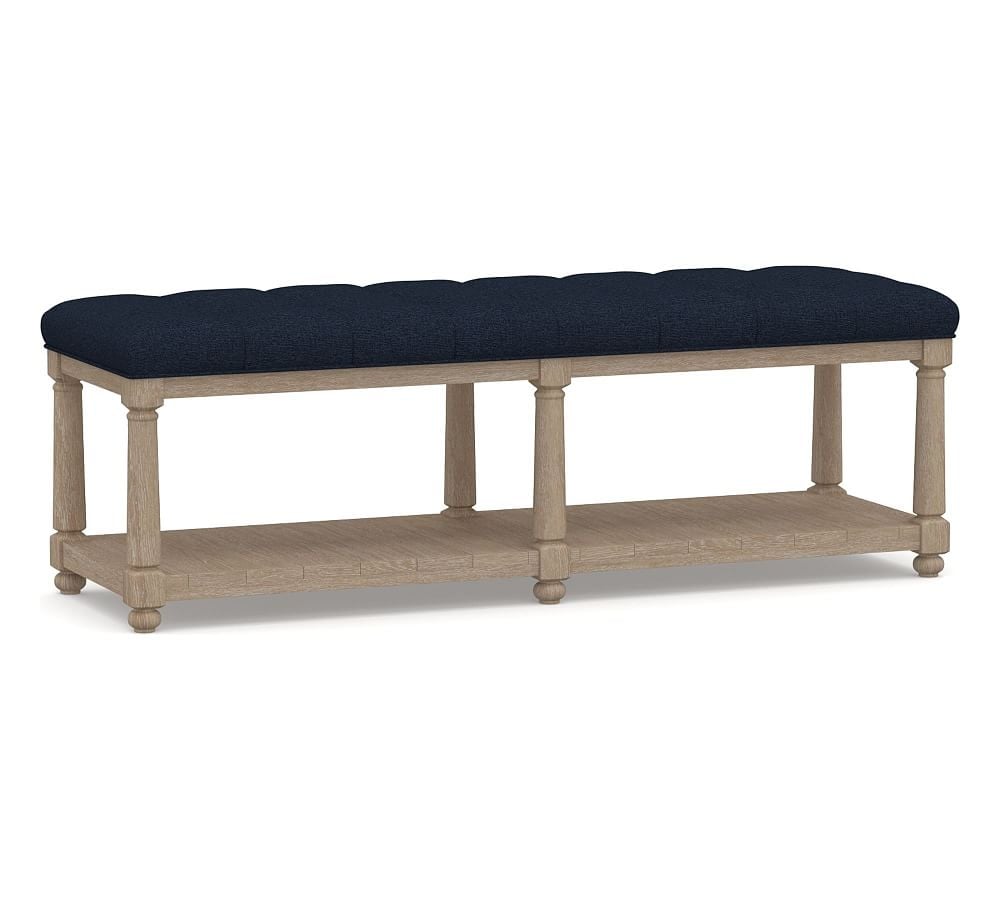 Berlin Upholstered Tufted Bench, Performance Heathered Basketweave Navy - Image 0