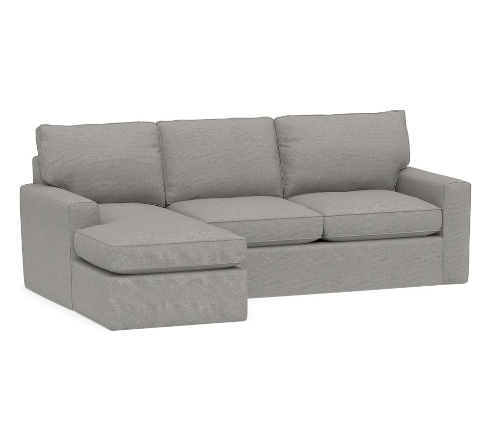 Pearce Square Arm Slipcovered Right Arm Loveseat with Chaise Sectional, Down Blend Wrapped Cushions, Performance Heathered Basketweave Platinum - Image 0