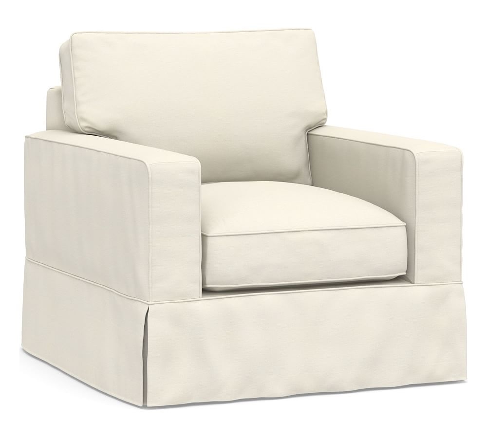 PB Comfort Square Arm Slipcovered Armchair, Box Edge Down Blend Wrapped Cushions, Textured Twill Ivory - Image 0