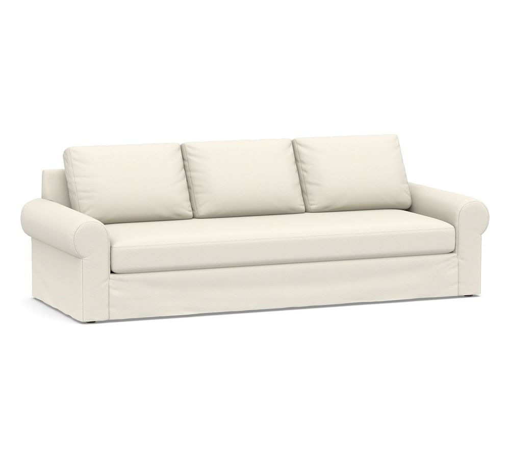 Big Sur Roll Arm Slipcovered Grand Sofa with Bench Cushion, Down Blend Wrapped Cushions, Textured Twill Ivory - Image 0