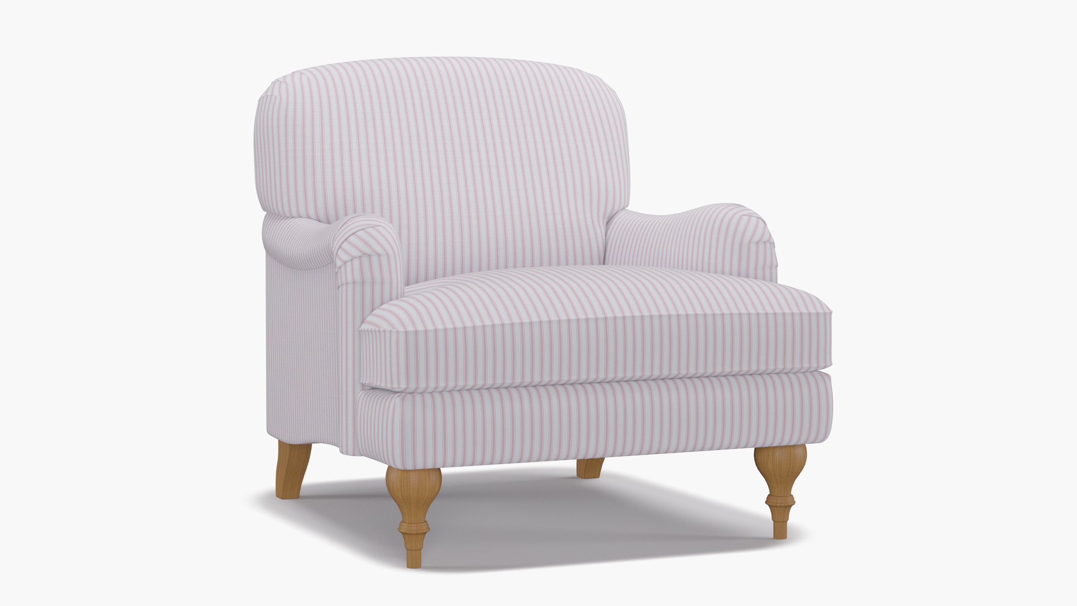 English Roll Arm Chair, Pink Classic Ticking Stripe, Natural Turned Wood Leg - Image 1