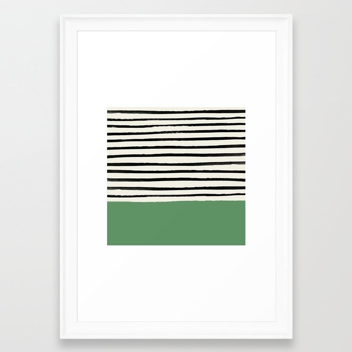 Moss Green X Stripes Framed Art Print by Leah Flores - Scoop White - Small 13" x 19"-15x21 - Image 0