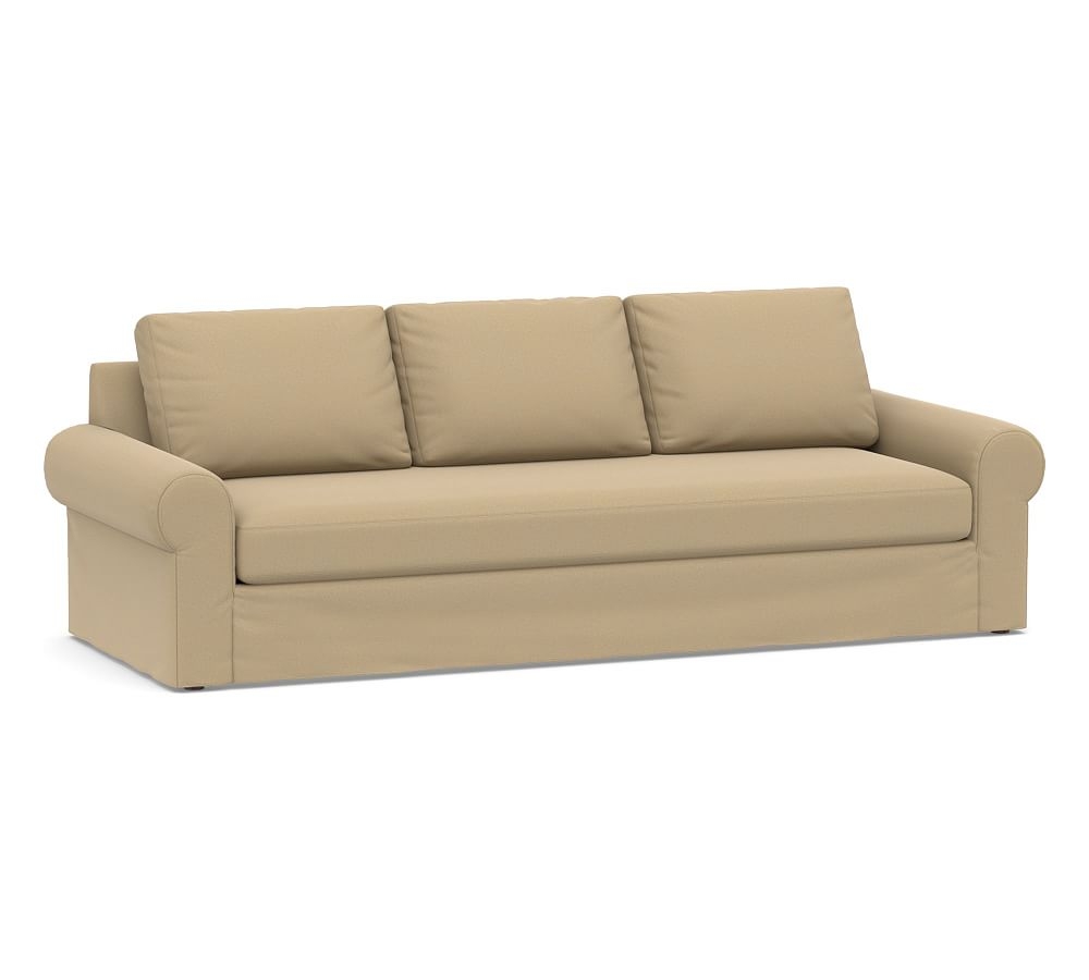 Big Sur Roll Arm Slipcovered Grand Sofa 106" with Bench Cushion, Down Blend Wrapped Cushions, Performance Everydaysuede(TM) Light Wheat - Image 0