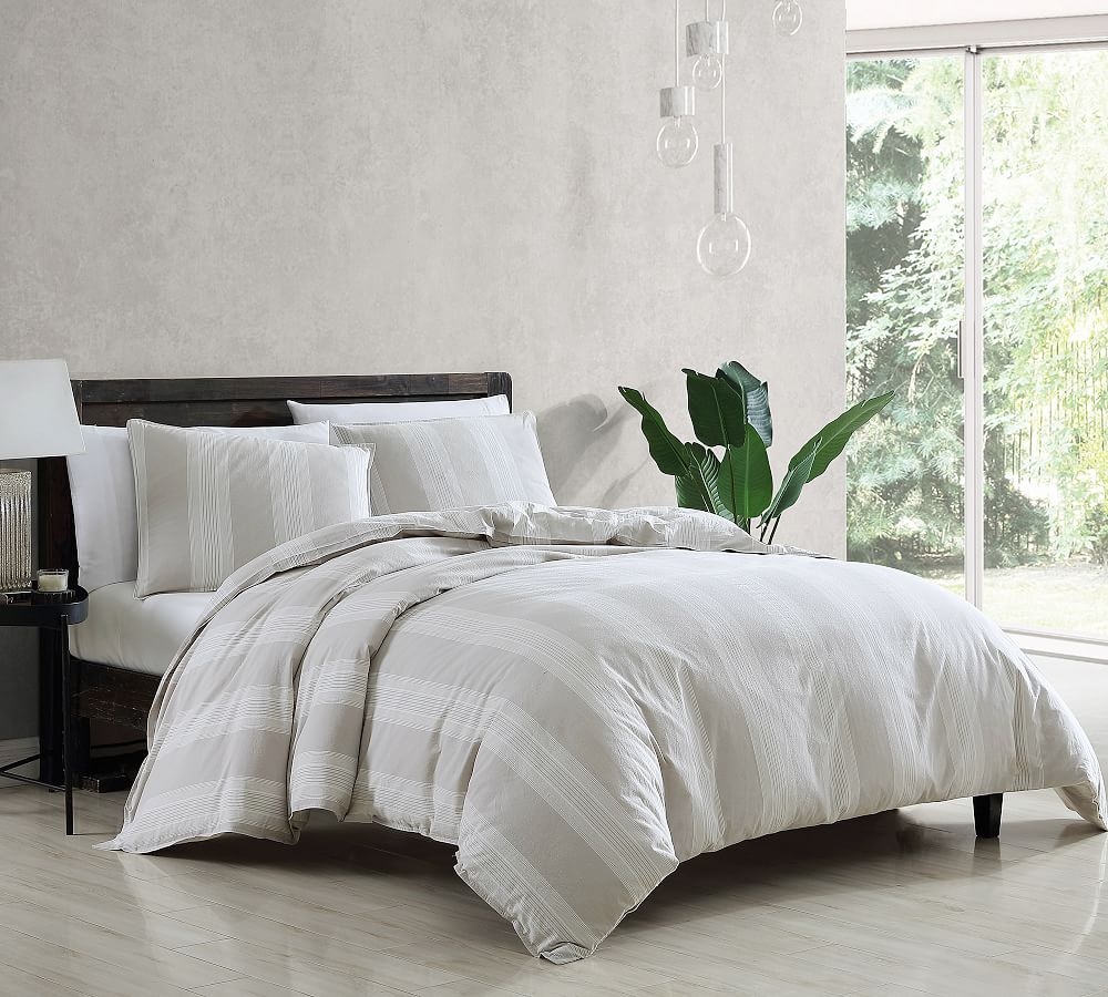 Tan/Ivory Hunt Striped Percale Comforter &amp; Shams Set, King - Image 0