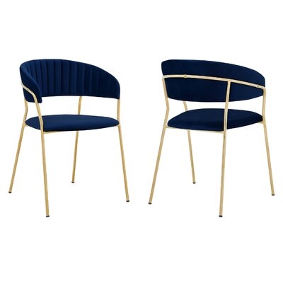 Dining Chair With Open Curved Padded Back, Set Of 2, Blue And Gold - Image 0