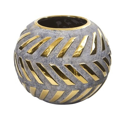 8In. Regal Round Stone Vase With Gold Accents - Image 0