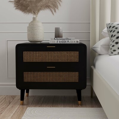 Bates 2 - Drawers Solid Wood Nightstand in Black/Natural/Brass - Image 0
