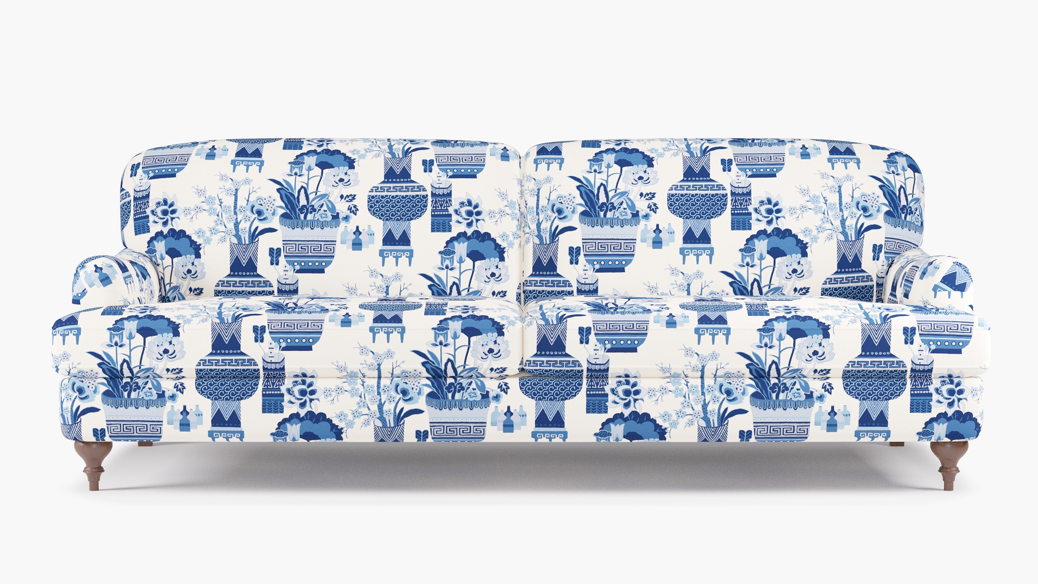 English Roll Arm Sofa, Delft Kan-Shie, Walnut Turned Wood Leg - Image 0