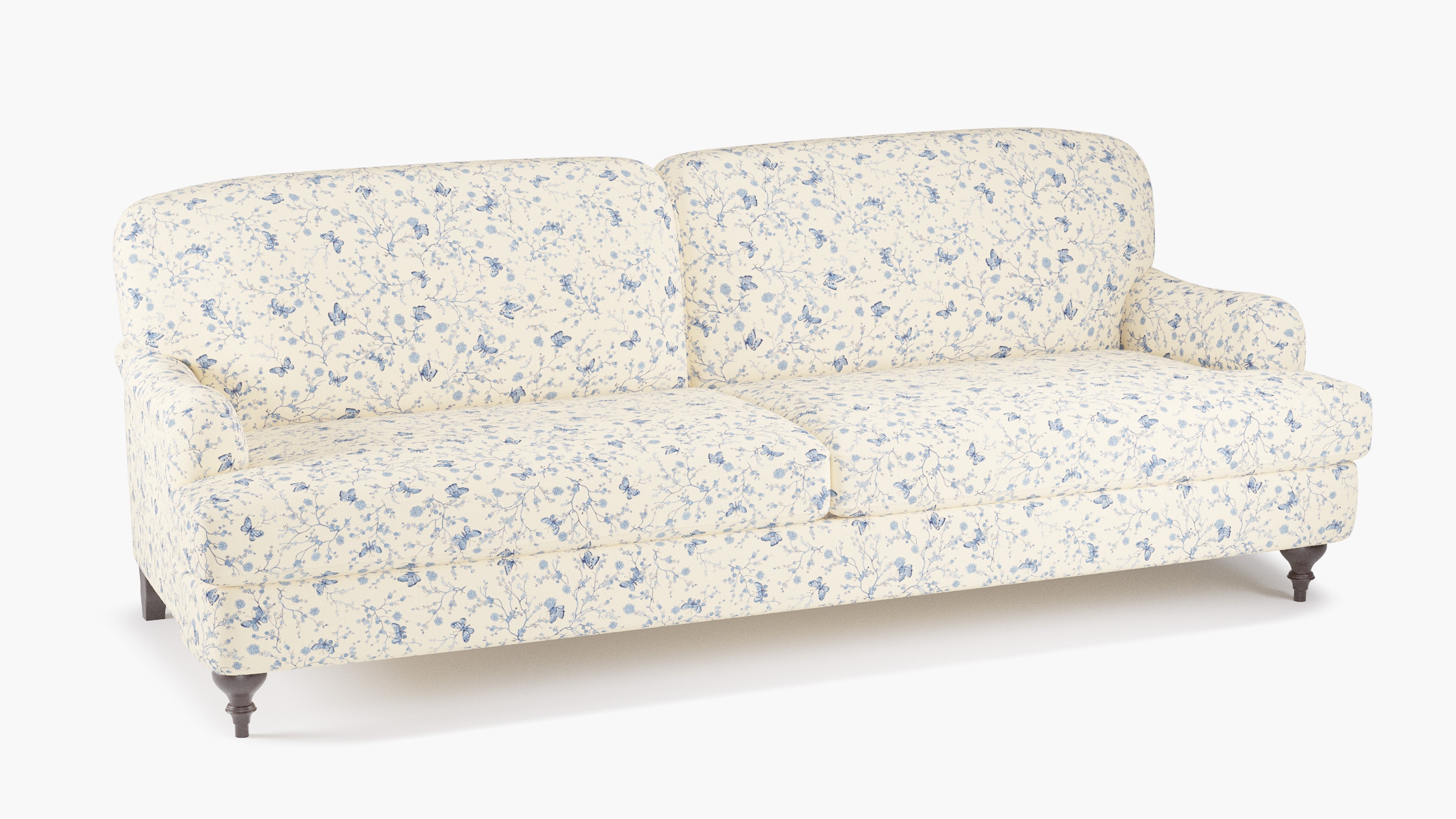 English Roll Arm Sofa, Delft Mariposa, Espresso Turned Wood Leg - Image 1