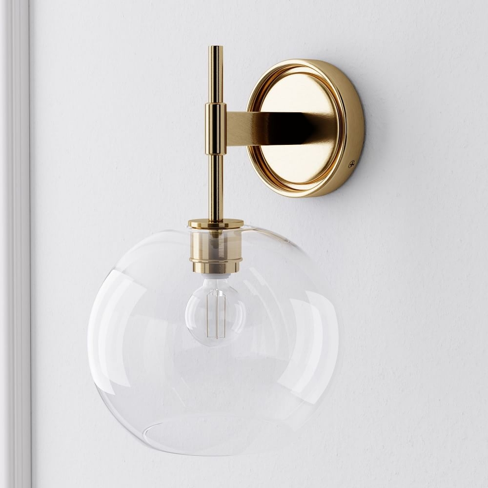 Sculptural Flat Bar Sconce, Globe Small, Clear, Antique Brass 8.5" - Image 0