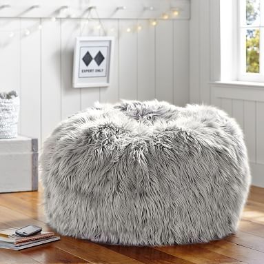 Himalayan Faux-Fur Gray Bean Bag Chair Slipcover + Insert, Large - Image 1