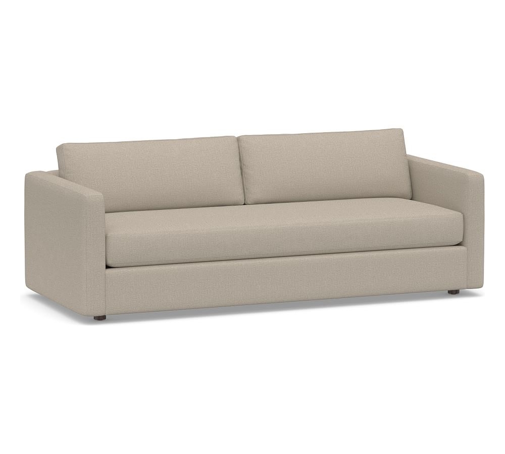 Carmel Slim Square Arm Upholstered Grand Sofa 92" with Bench Cushion, Down Blend Wrapped Cushions, Performance Brushed Basketweave Sand - Image 0
