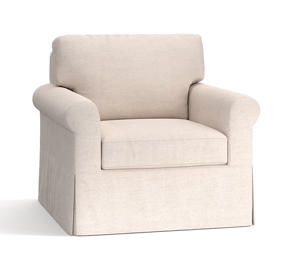 York Roll Arm Slipcovered Armchair, Down Blend Wrapped Cushions, Performance Heathered Basketweave Platinum - Image 0