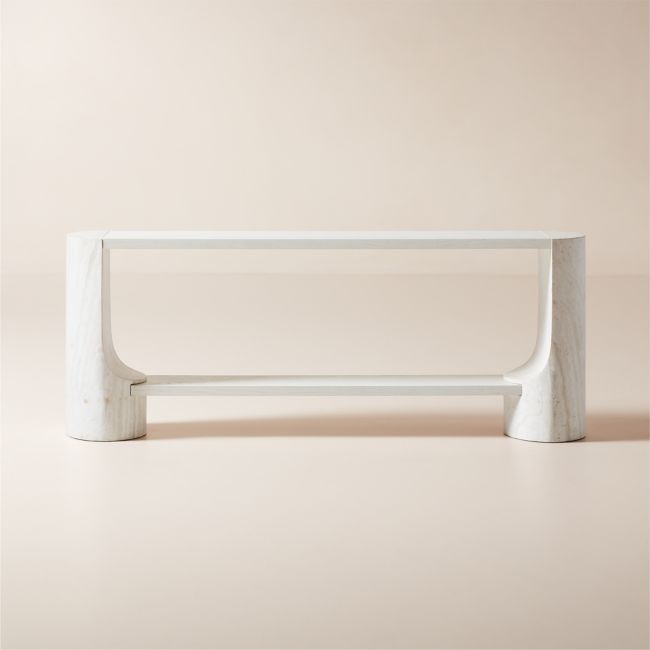 Scoop 76" Travertine and White Oak Wood Console Table - Image 0