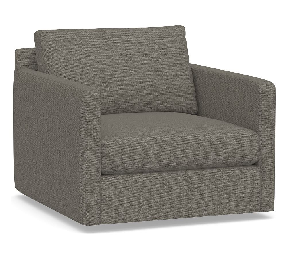 Pacifica Square Arm Upholstered Swivel Armchair, Polyester Wrapped Cushions, Chunky Basketweave Metal - Image 0
