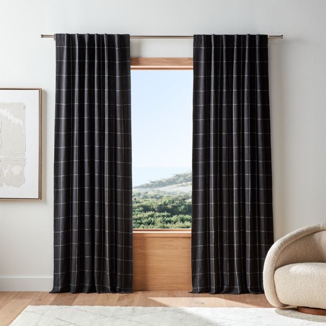 Storm Grey & Crisp White Linen Double Pinstripe Grid Window Curtain Panel 52"x84" - Image 0