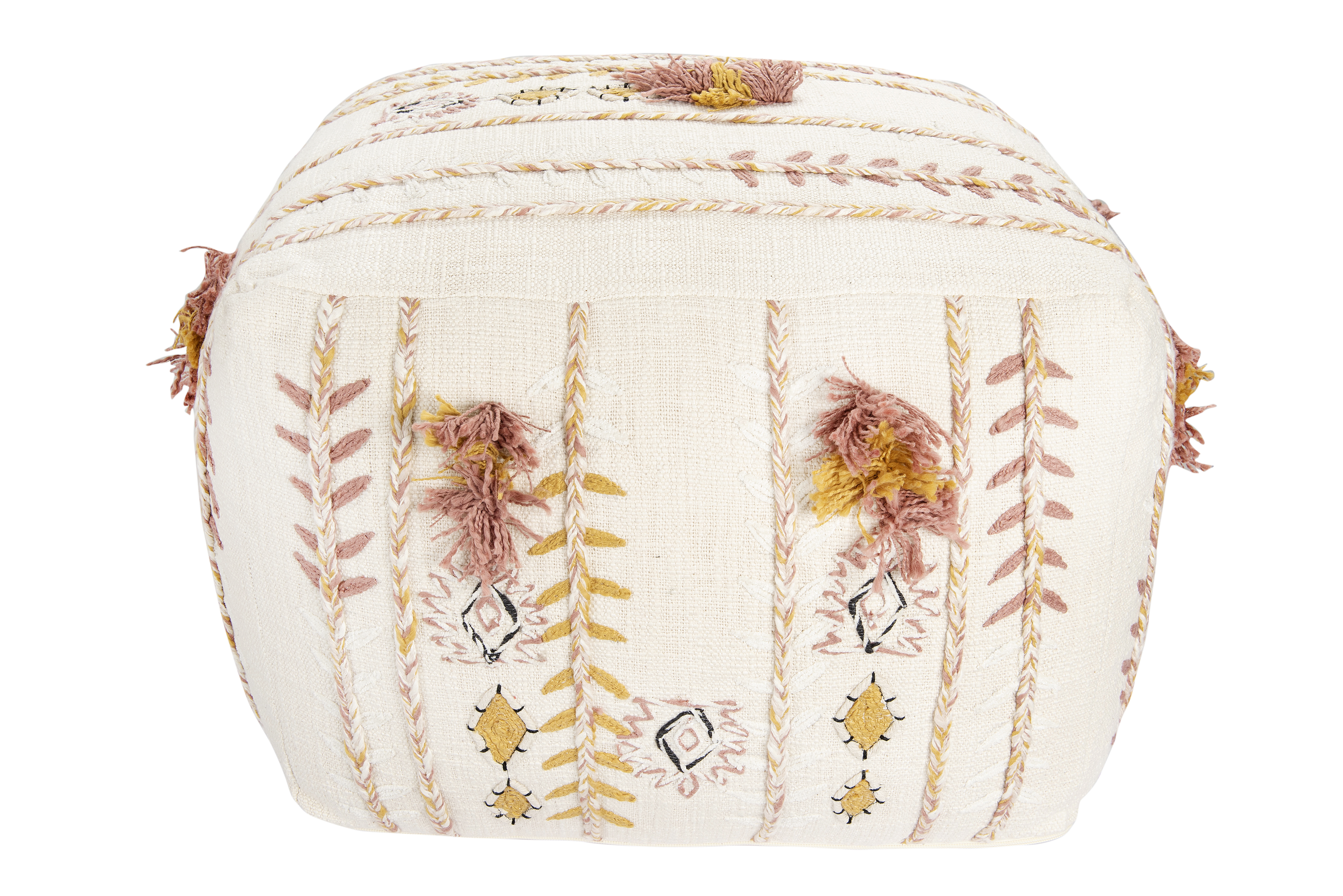 Square Cream Cotton Pouf with Misty Rose & Mustard Yellow Embroidery and Pom Poms - Image 0