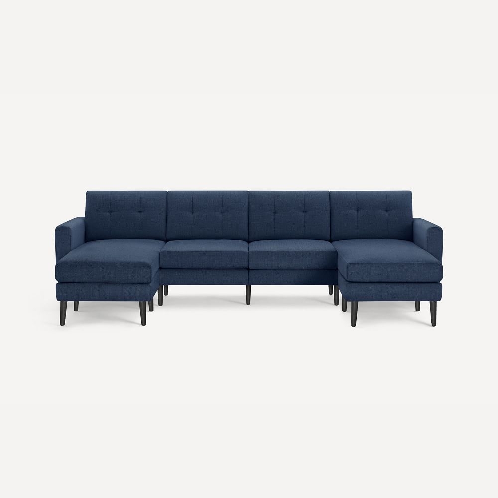 Nomad Block Fabric King Sofa with Double Chaise, Olefin, Navy Blue, Ebony Wood - Image 0