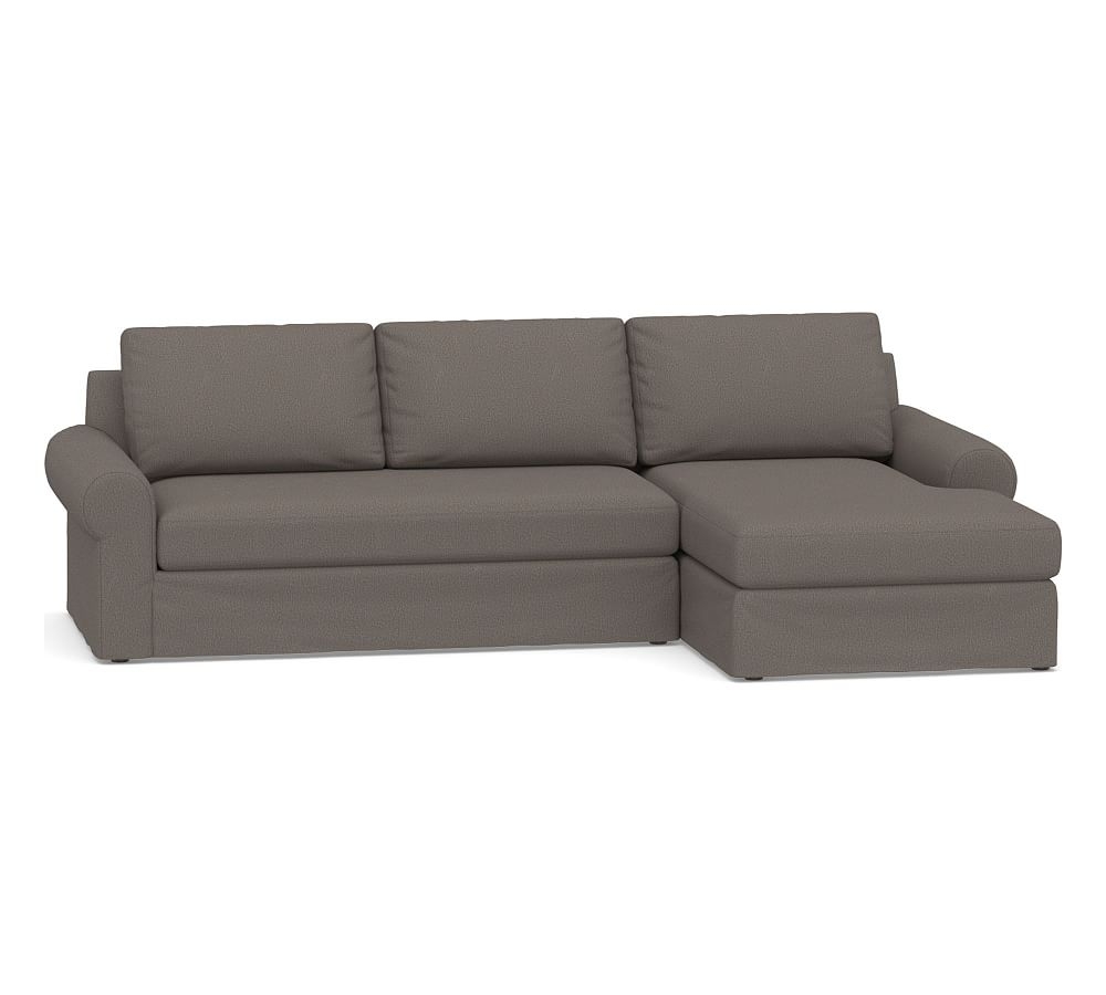 Big Sur Roll Arm Slipcovered Left Arm Loveseat with Chaise Sectional and Bench Cushion, Down Blend Wrapped Cushions, Performance Heathered Tweed Graphite - Image 0