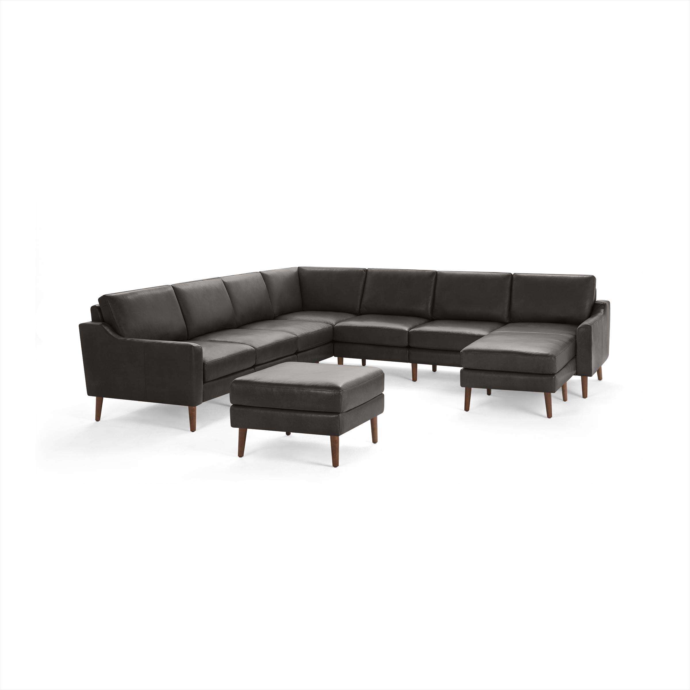 Nomad Leather 7-Seat Corner Sectional with Reversible Chaise and Ottoman - Slate - Top Grain Leather / Walnut - Wood / Slope - Image 0