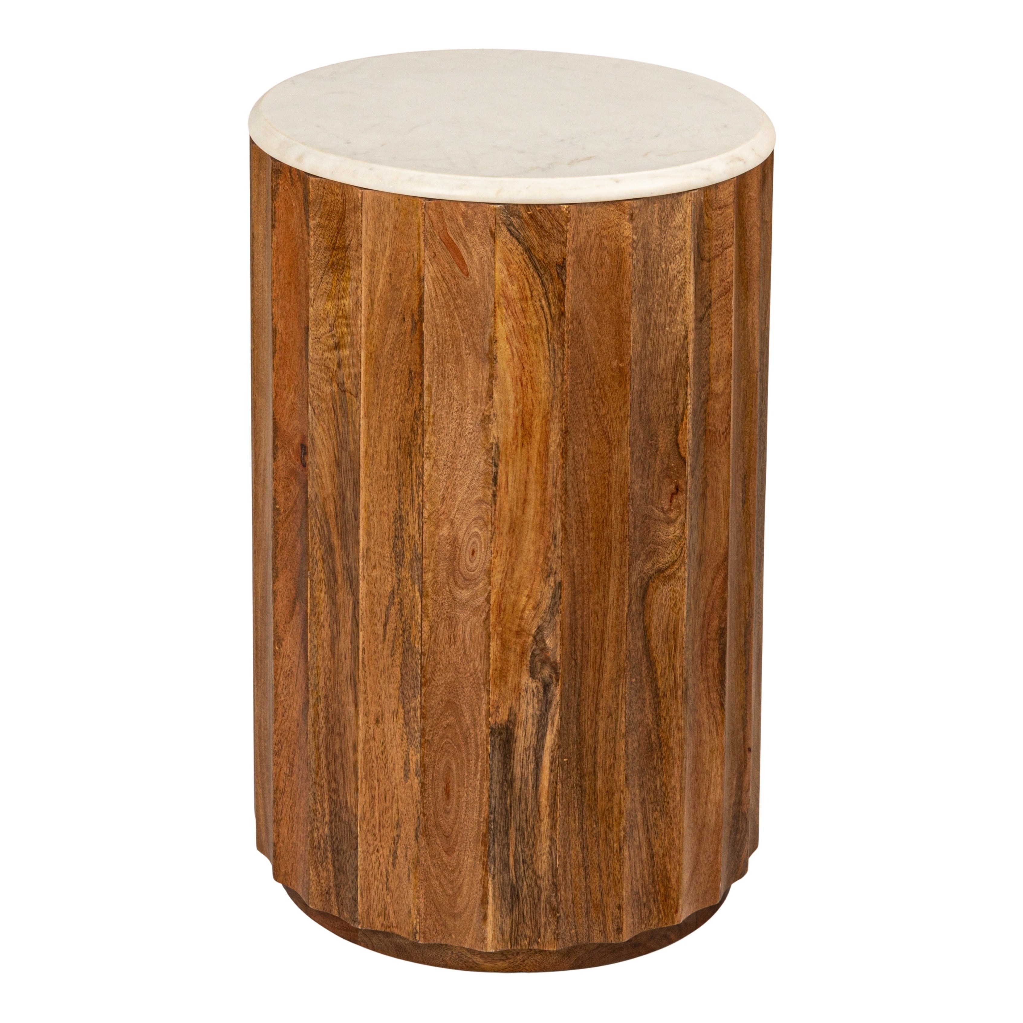 Round Mango Wood Fluted End Table with Marble Top - Image 0