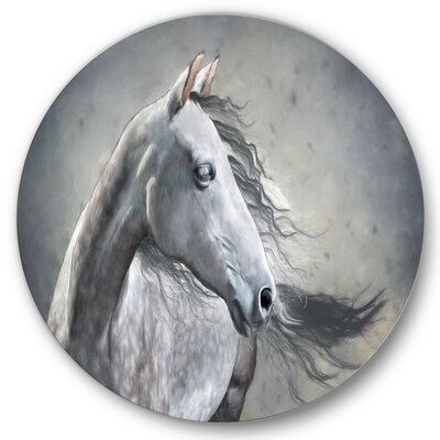 Monochrome Portrait Of A Wild Horse - Farmhouse Metal Circle Wall Art - Image 0