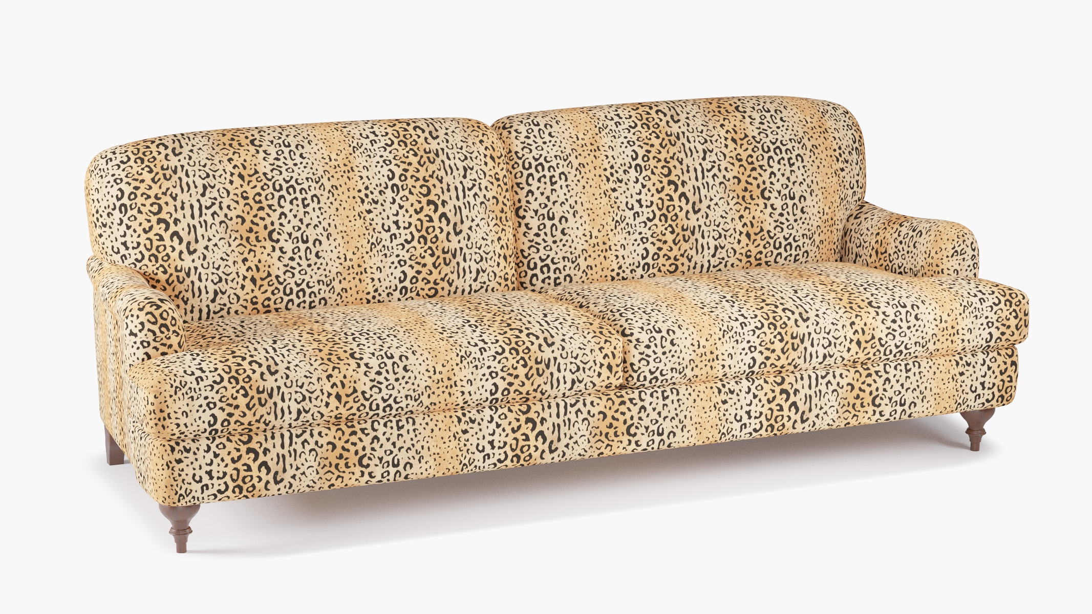 English Roll Arm Sofa, Leopard, Walnut Turned Wood Leg - Image 1