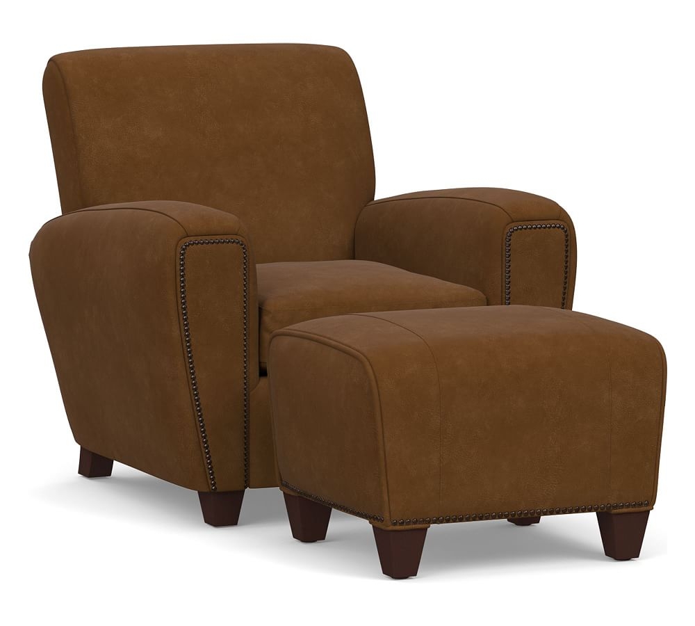 Manhattan Square Arm Leather Armchair & Ottoman with Bronze Nailheads, Polyester Wrapped Cushions, Aviator Umber - Image 0