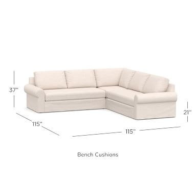 Big Sur Roll Arm Slipcovered 3-Piece L-Shaped Corner Sectional with Bench Cushion, Down Blend Wrapped Cushions, Textured Twill Khaki - Image 4