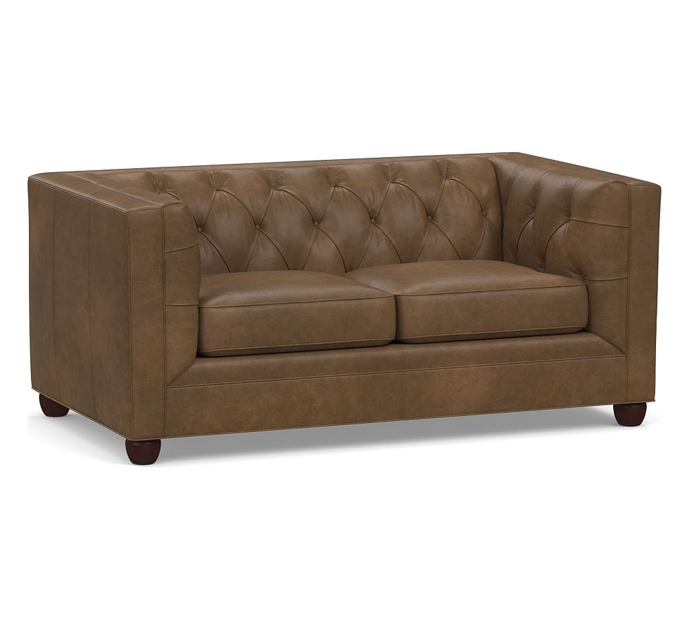 Chesterfield Square Arm Leather Loveseat, Polyester Wrapped Cushions, Churchfield Chocolate - Image 0