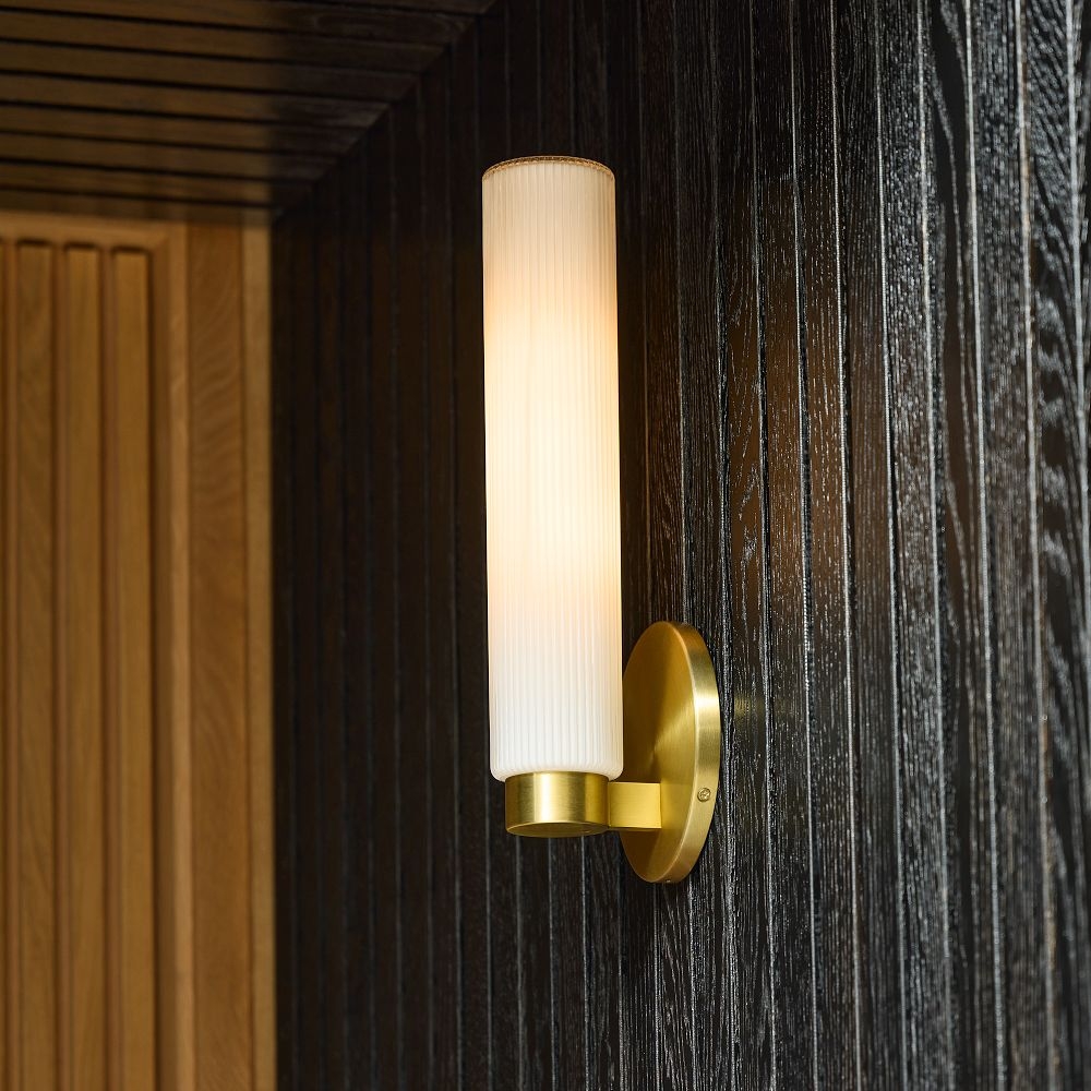 Fluted Outdoor Sconce, Milk Glass, Antique Brass, - Image 2