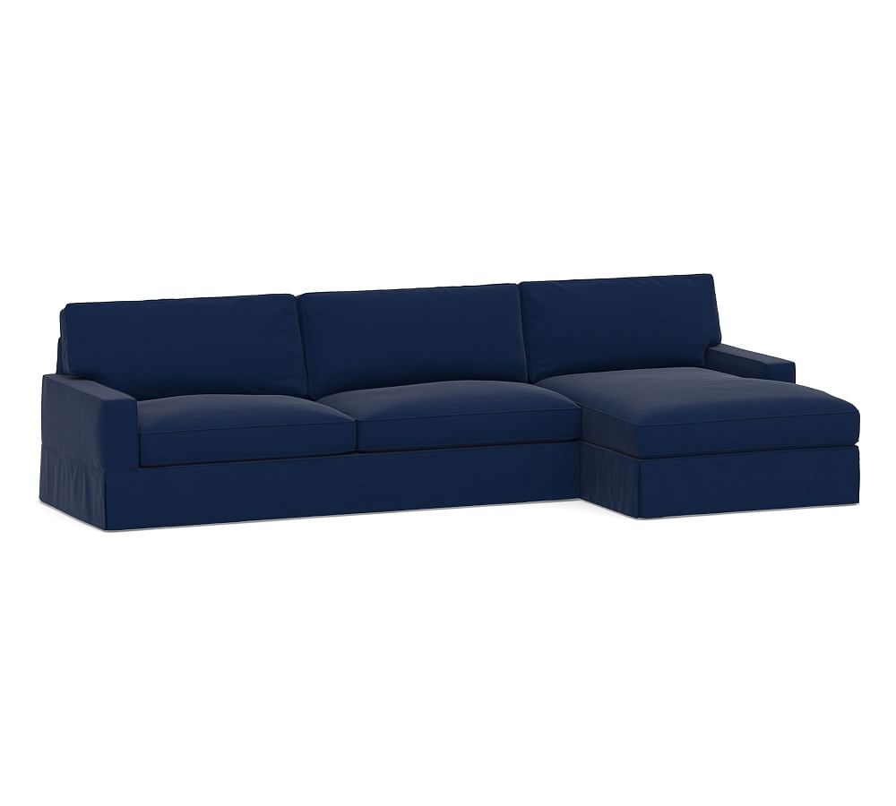 PB Comfort Square Arm Slipcovered Left Arm Sofa with Double Chaise Sectional, Box Edge Down Blend Wrapped Cushions, Performance Everydayvelvet(TM) Navy - Image 0