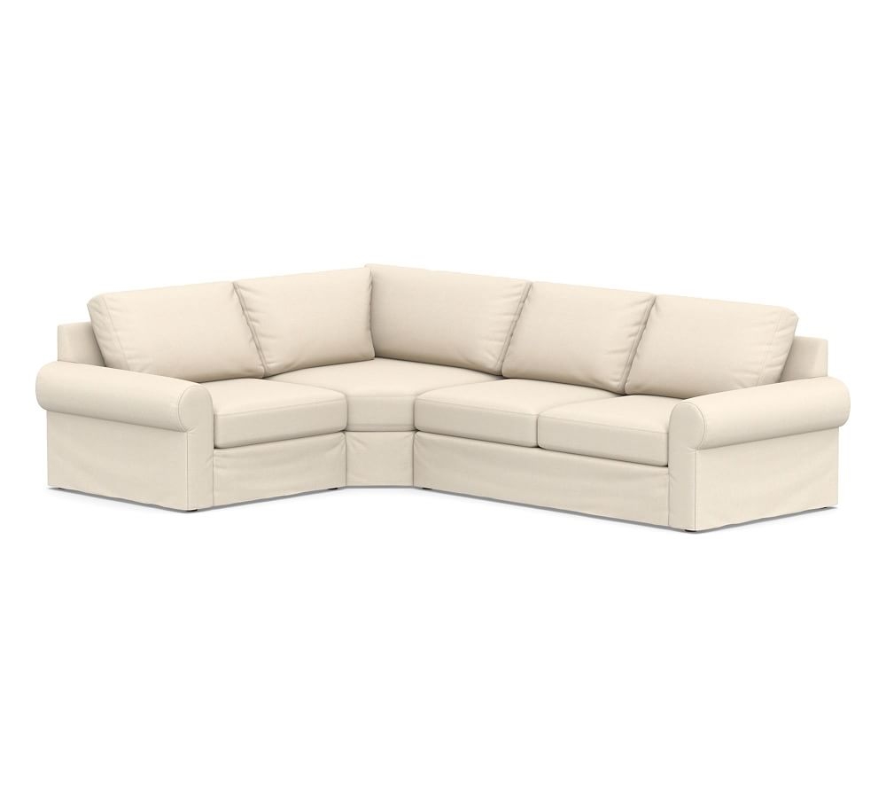 Big Sur Roll Arm Slipcovered Right Arm 3-Piece Wedge Sectional, Down Blend Wrapped Cushions, Sunbrella(R) Performance Sahara Weave Ivory - Image 0