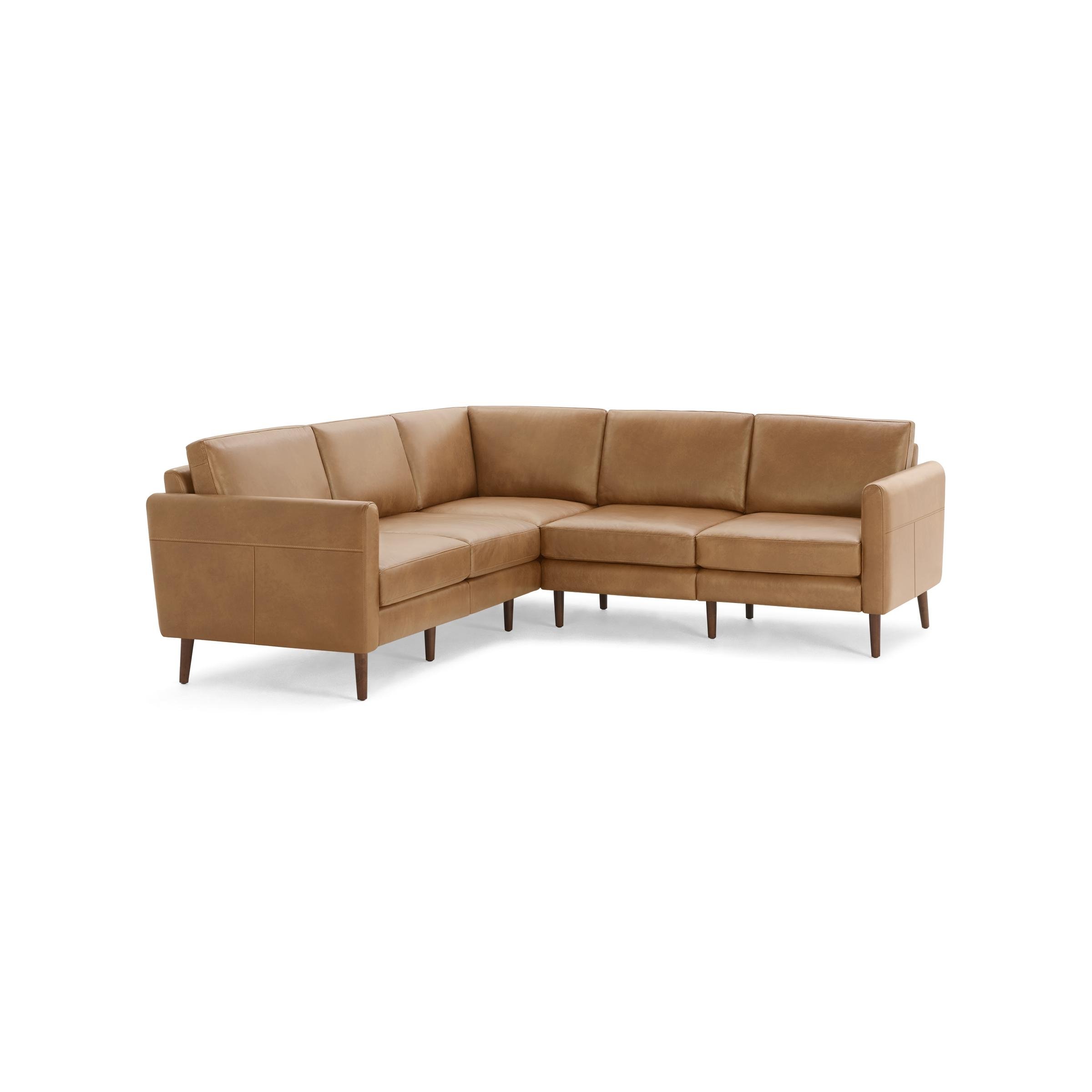 The Arch Nomad Leather 5-Seat Corner Sectional in Camel, Walnut Legs - Image 0