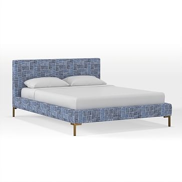 Upholstered Platform Bed, Queen, Line Fragments, Midnight, Brass - Image 1