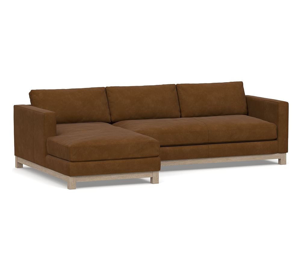 Jake Leather Right Arm Loveseat with Chaise Sectional, Bench Cushion and Wood Legs, Down Blend Wrapped Cushions, Aviator Umber - Image 0