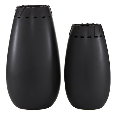 Round Ceramic Black Vases With Leather Accents, Set Of 2: 16" X 13" - Image 0