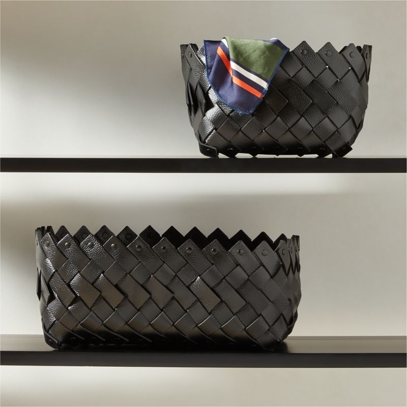 Willa Woven Black Leather Storage Basket Small - Image 1