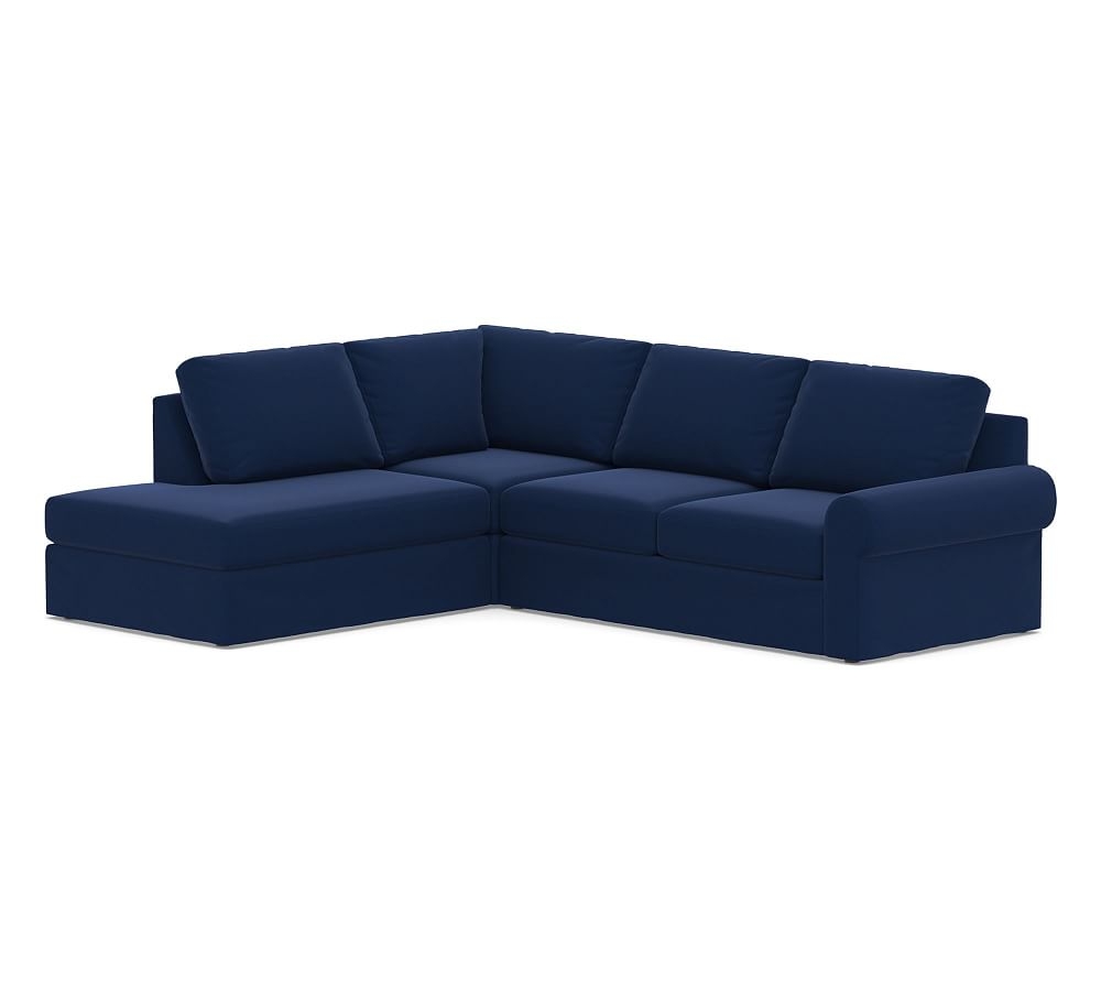 Big Sur Roll Arm Slipcovered Right 3-Piece Bumper Sectional, Down Blend Wrapped Cushions, Performance Everydayvelvet(TM) Navy - Image 0